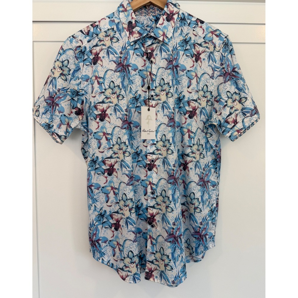 Robert Graham Durkin Floral Orchid Print Short Sleeve Shirt Blue Multi Mens - M